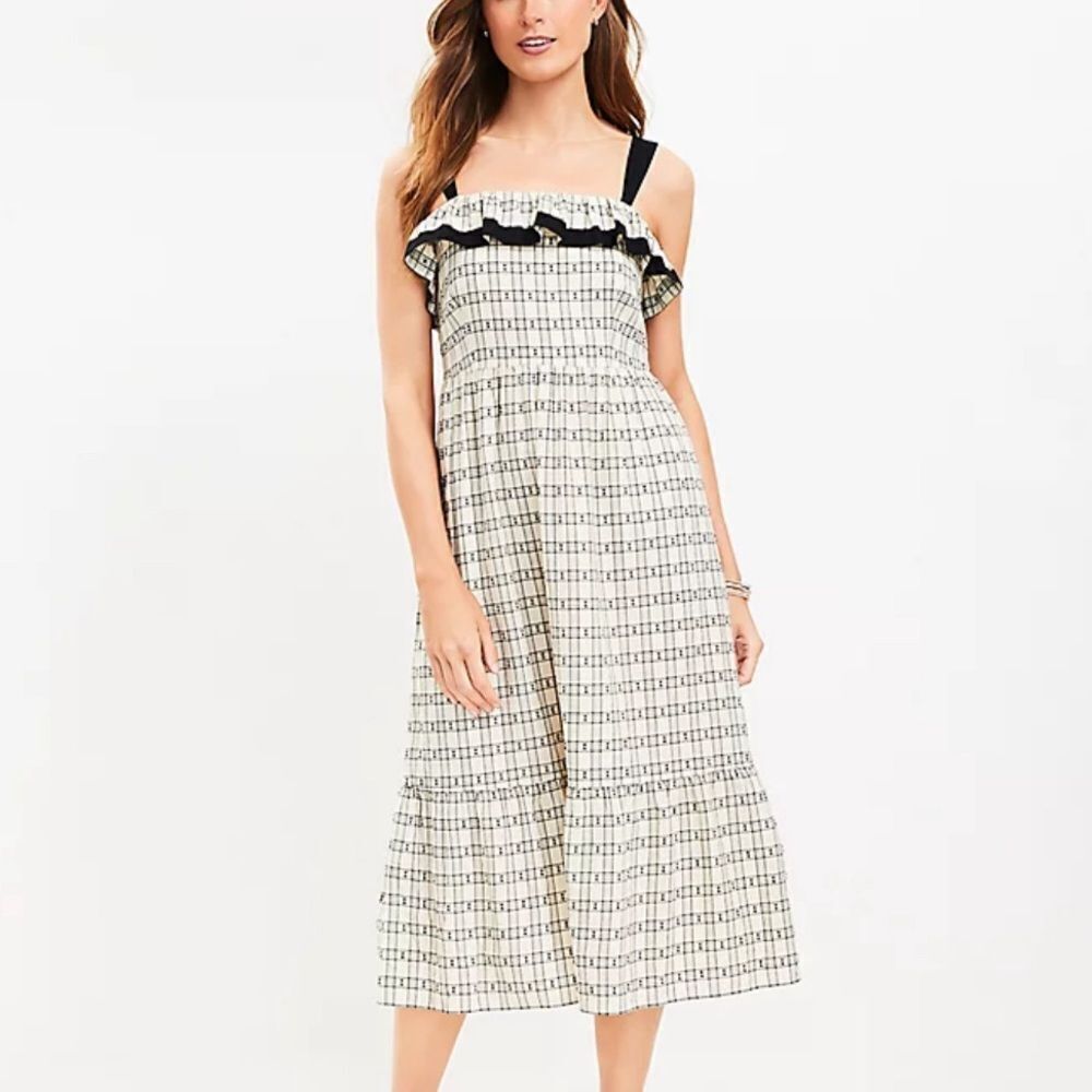 Loft NWOT Plaid Ruffle Square Neck Midi Dress size 10